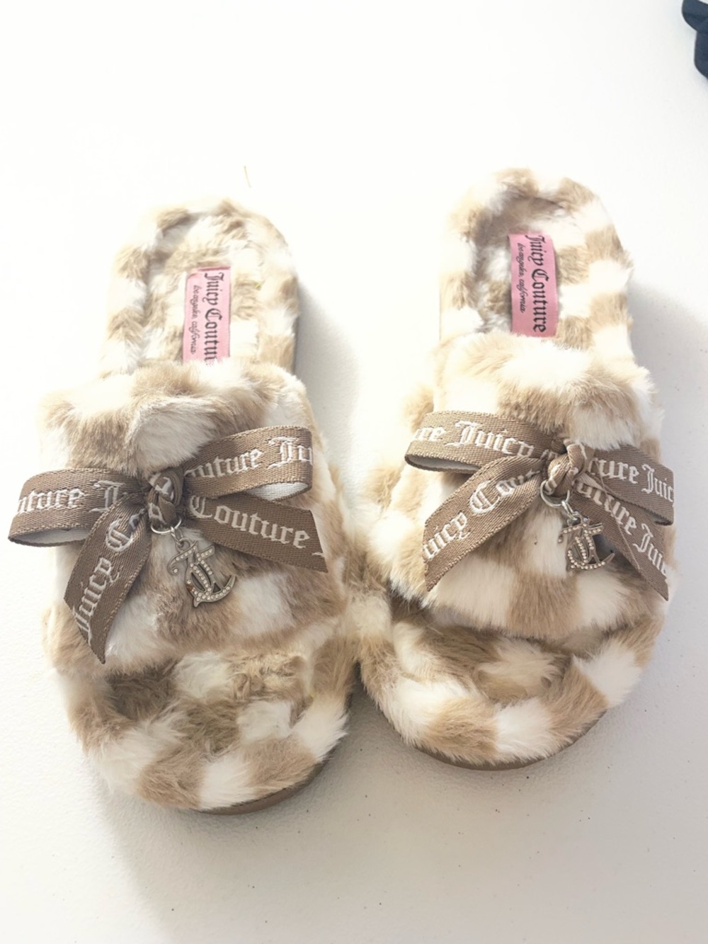 Juicy Couture Faux Fur Slippers Brown Cream Bow Charm Cozy Y2K Lounge Size 10